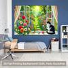 2D Cat at Open Window Tapestry Garden View with Flowers and Butterflies Backdrop