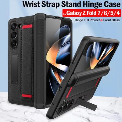 Funda con Bisagra Z Fold 7 6 5 4 para Samsung Galaxy Z Fold 7 6 5 4 Funda Correa de Muñeca Cristal Frontal Correa de Muñeca Soporte Cubierta Protectora Funda