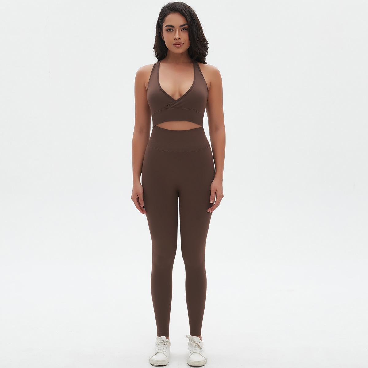 

Комплекты для йоги, женская одежда для тренировок и фитнеса, бесшовные леггинсы, длинные рубашки без рукавов, спортивная одежда для спортзала S коричневый