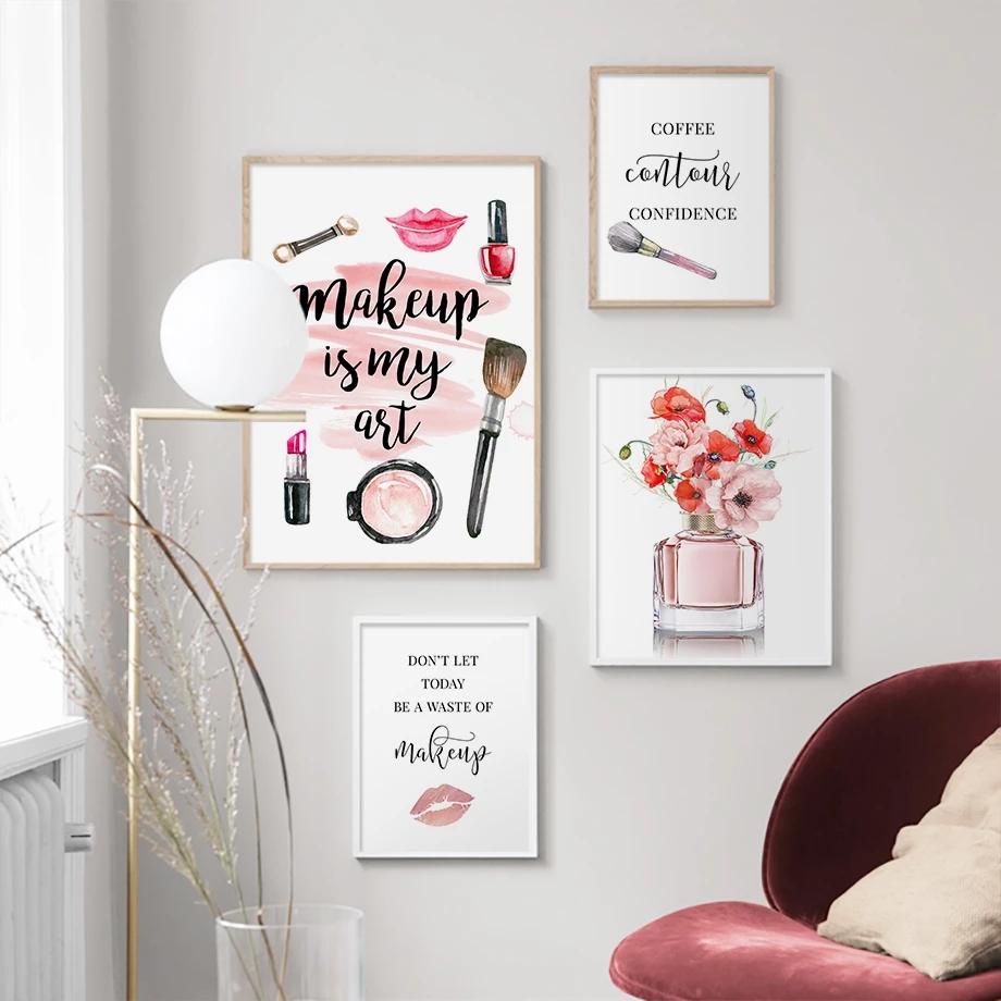 Lipstick Perfume Brush High Heels Flowers Wall Art Canvas Painting Nordic Posters And Prints Wall Pictures For Living Room Decor