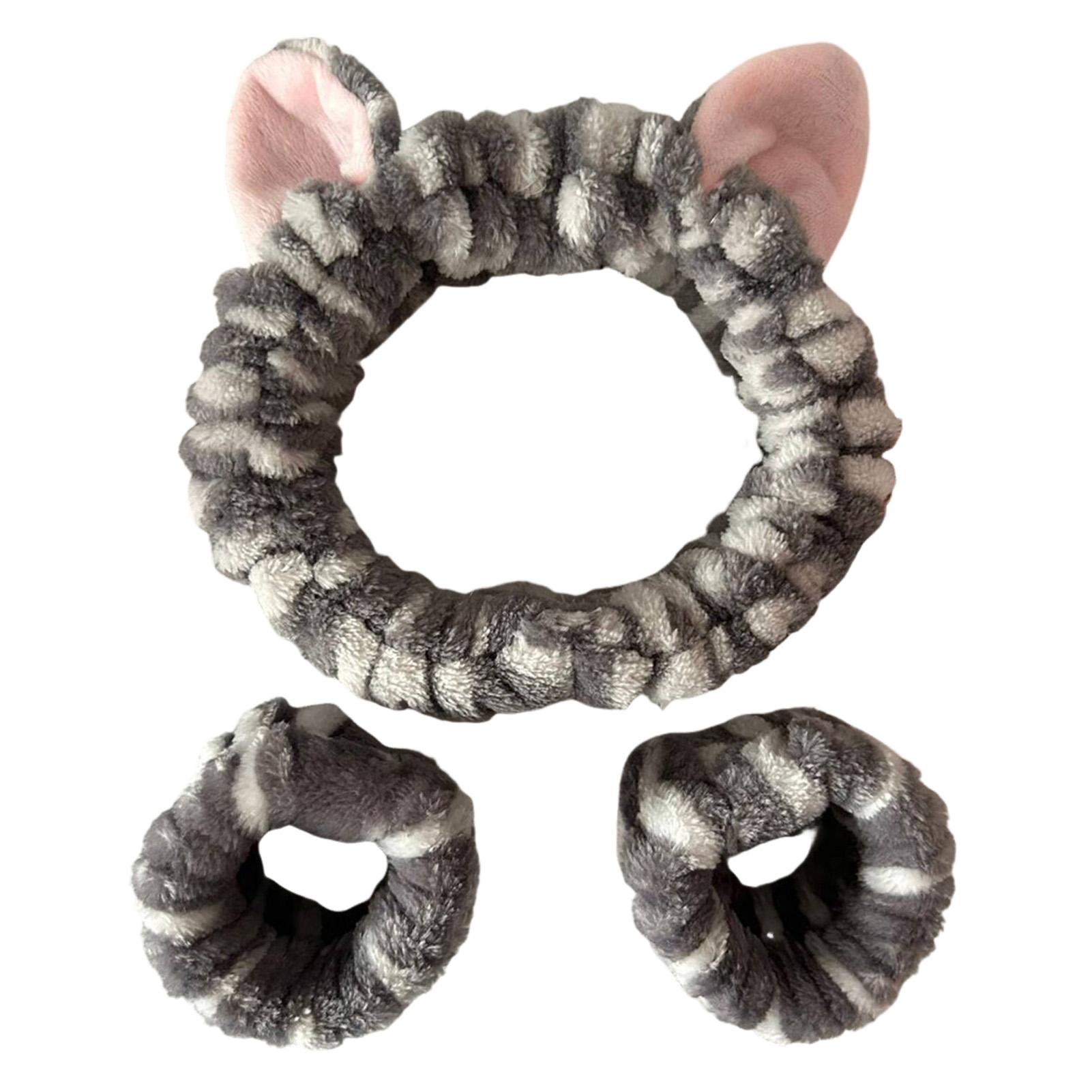 

3pcs Wash Face Headband Soft Comfortable Plush Headband Wrist Strap Set For Girls Cartoon Cat Ear Shaped Wash Up Headband Kit