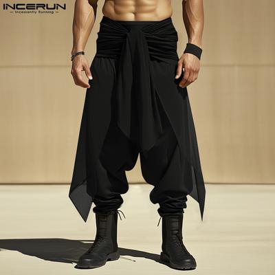 Men Lace -up Casual Semi-Sheer Irregular Layers Pleated Harem Pants