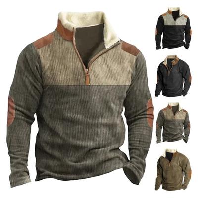 Fall Winter Men Sweatshirt Color Matching Patchwork Plush Zipper Stand Collar Retro