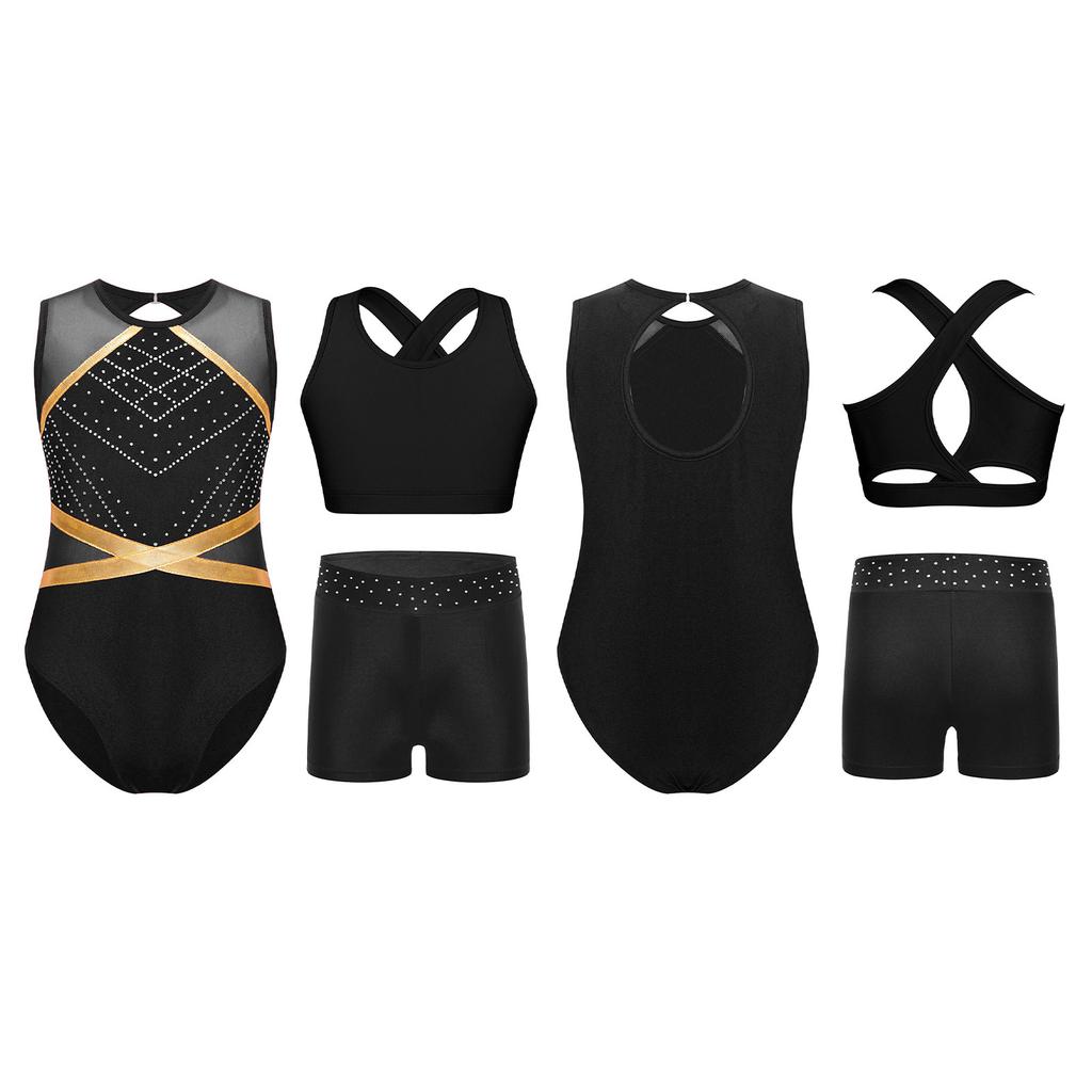 Set Gimnastică Fete Body Fără Mâneci Spate cu Gaura Cheii Patchwork cu Vestă Spate Încrucișat Pantaloni Scurți cu Strasuri