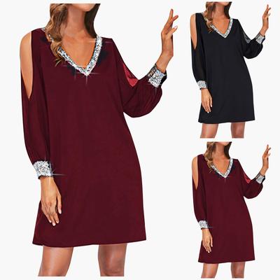 Vestido feminino casual com costura de lantejoulas e decote em V manga fria