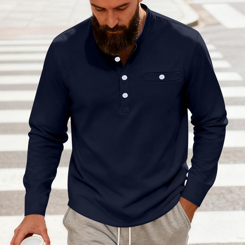 Men Solid Color Long Sleeve Round Neck Button Decor Casual Loose Polo Shirt