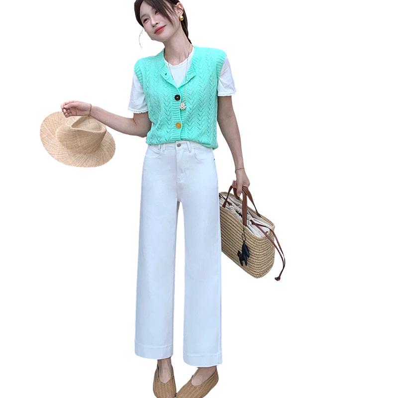 White High-Waisted Wide-Leg Cropped Pants - Korean Style Slimming and Breathable for Casual and Commute Wear