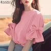 ZANZEA Women Fashion Round Neck Lantern Short Sleeve Tied Blouses