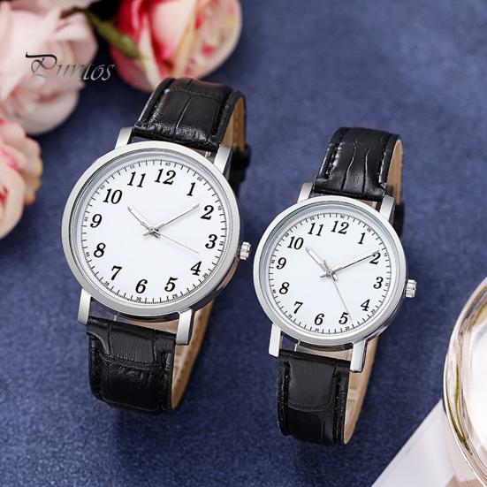 Couple Watch Round Battery Operated Faux Leather Strap Elegant 3-Hand Birthday Gift Adjustable Men Women Quartz Wrist Watch Fashion Jewelry