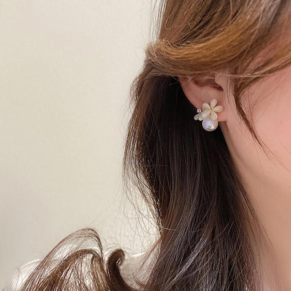 Latest Sweet Romantic Elegant White Flower Hoop Earrings | Stylish Shell Resin Delicate Pearl Flower Zircon Earrings | Trendy Versatile Jewellery