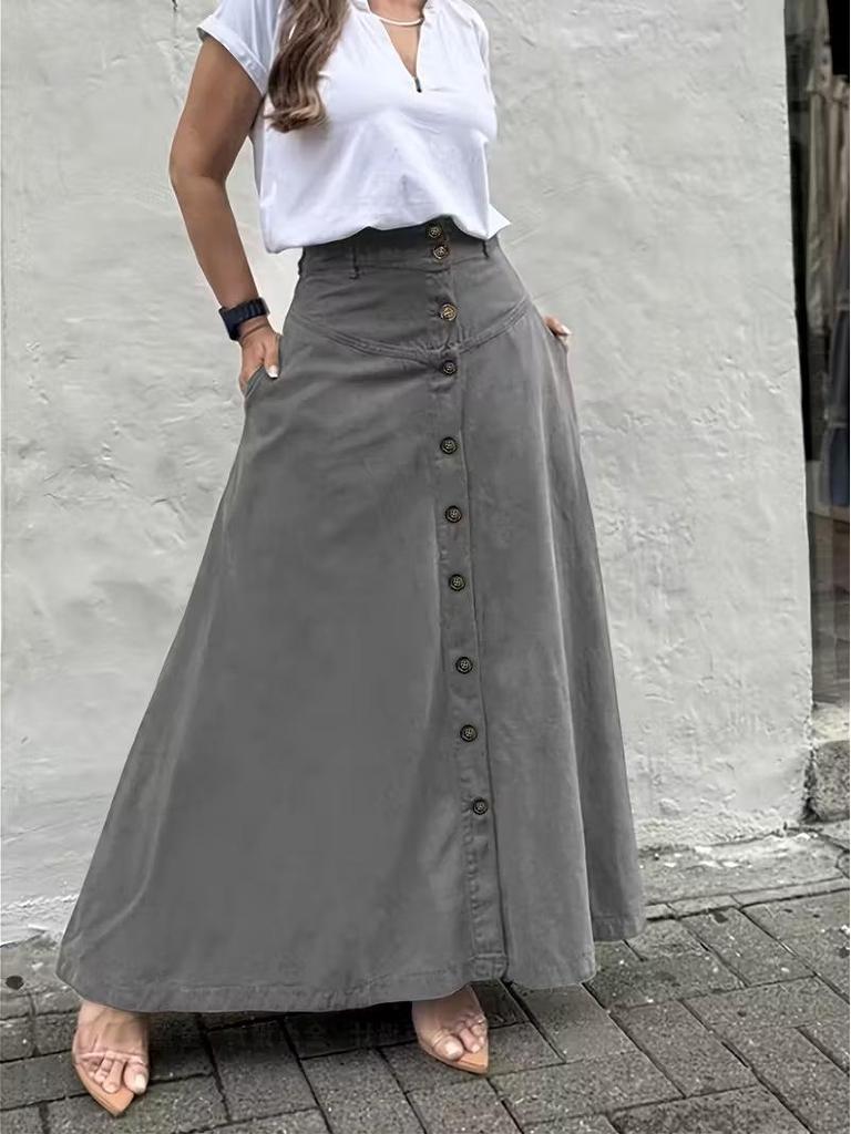 Women's Elegant High-Waisted A-line Skirt with Buttoned Front Slit and Pockets