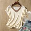 Camiseta de Verano Ligera de Seda de Hielo de Manga Corta a Rayas para Mujer: Juvenil, Holgado