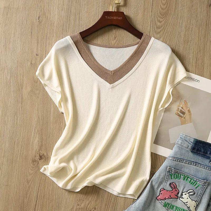 Camiseta de Verano Ligera de Seda de Hielo de Manga Corta a Rayas para Mujer: Juvenil, Holgado