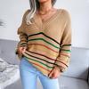 Women Loose V Neck Long Sleeve Striped Rainbow Sweater Fall Winter S-L