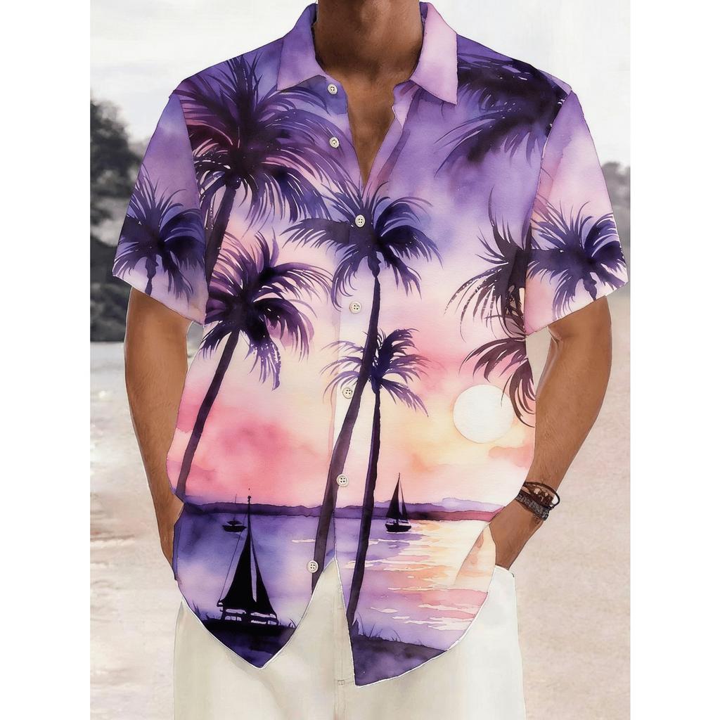 Men's Watercolor Moonlit Coconut Tree Print Short Sleeve Shirt, Spring Summer Dreamy Vacation Casual Top, Pocket Lapel Style