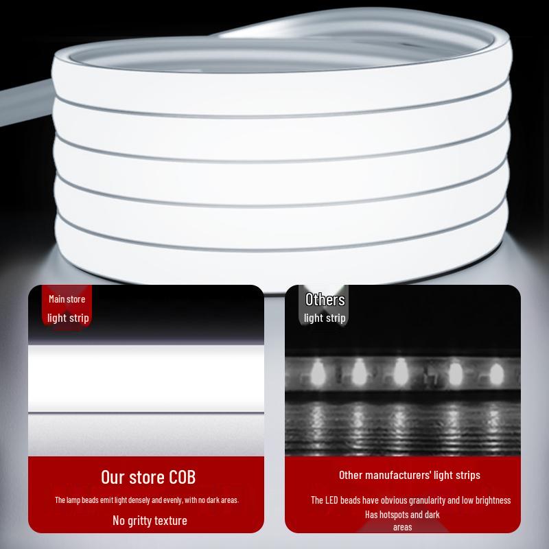 220V Outdoor Waterproof LED Strip Light, COB Linear Soft Light for Living Room Ceiling, High Brightness Ambient Lighting