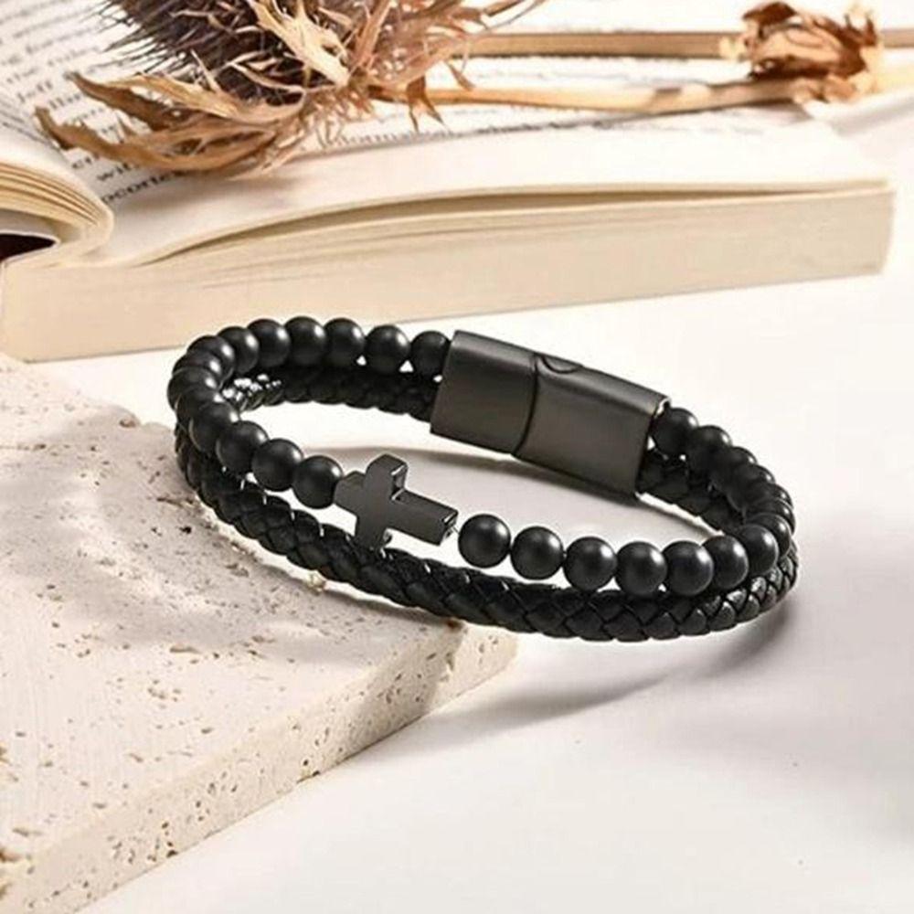 Leder Doppelte geflochtene Armband Schwarz Magnetisch Inspirierende Zitate Armbänder Bibelvers Lavastein Perlenarmband Kette Geschenk