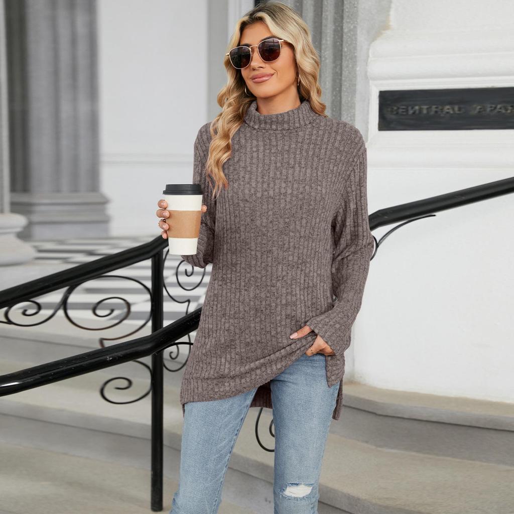 2026 High-Neck Loose Long-Sleeve Slit T-Shirt for Women: Autumn/Winter Collection