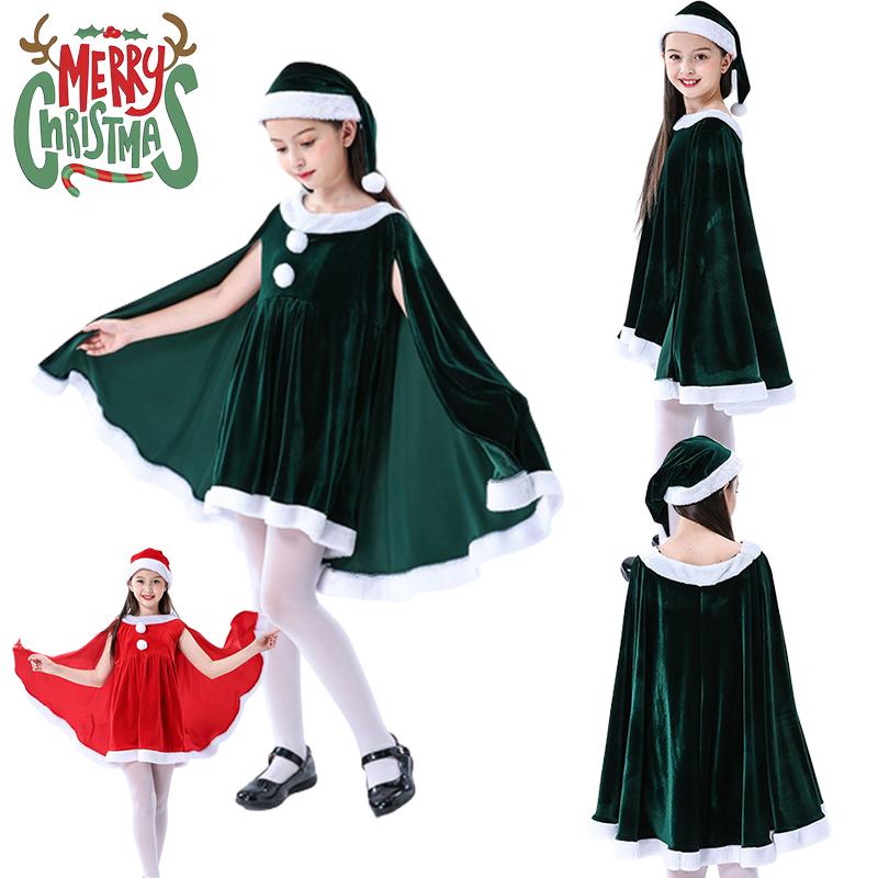 Toddler Girls Christmas Dress Set Cloak Cape Santa Claus Elf Cos Velvet Outfit