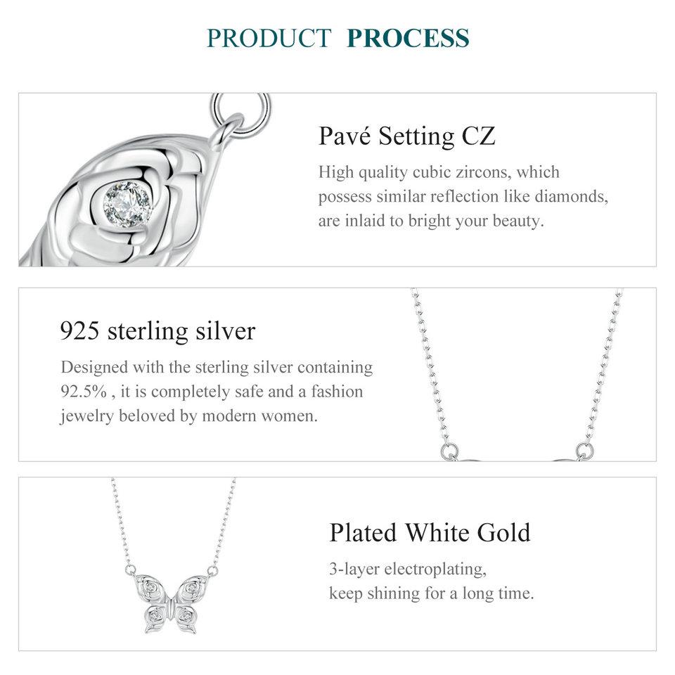 BAMOER 925 Sterling Silver Rose Butterfly Necklace Romantic Love Necklace Plated White Gold for Women Fine Jewelry