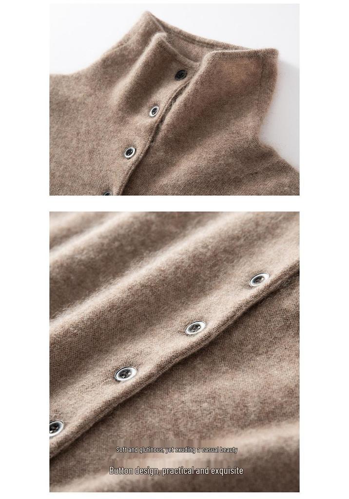 Women's High Neck Cashmere Cardigan - Autumn/Winter 2025 Gentle Style, Slimming, Short, Multi-Button Design