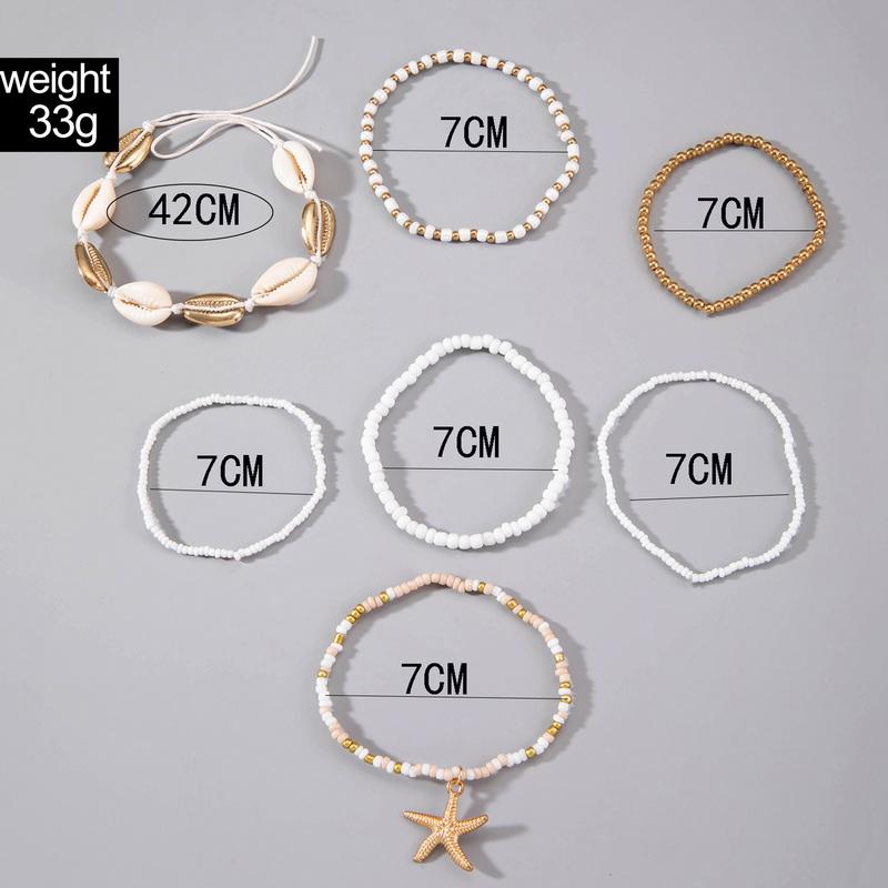 7Pcs Shell Starfish Pendant Rice Beads Beaded Anklet Set for Women Summer  Multi-layer Anklet Bohemian Jewelry Gifts