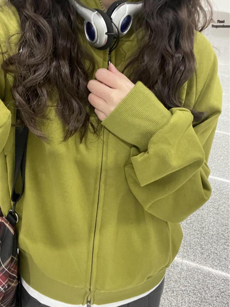 Women's Green Retro Style Zip-Up Hooded Sweatshirt Jacket - Spring Collection