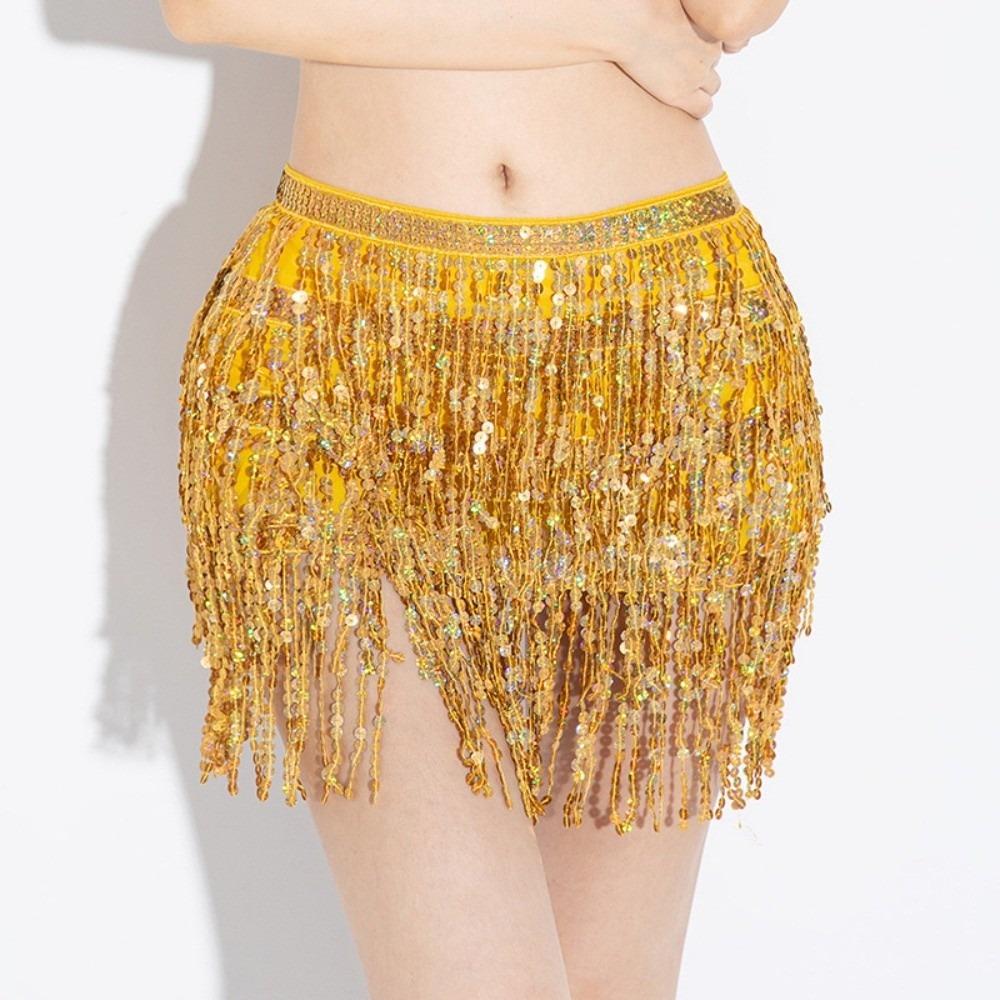 Sequins Belly Dance Waist Chain 4-Layer Tassel Hip Scarf Latin Dance Hula Short Skirt  Party