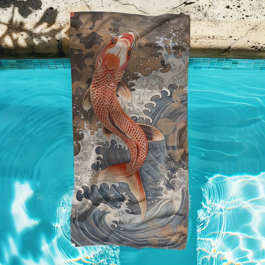 Japanese Koi Fish Beach Towel Flat Print Traditional Ukiyo-e Wave Bath Towel for Summer Travel Swimming Pool Outdoor Decor