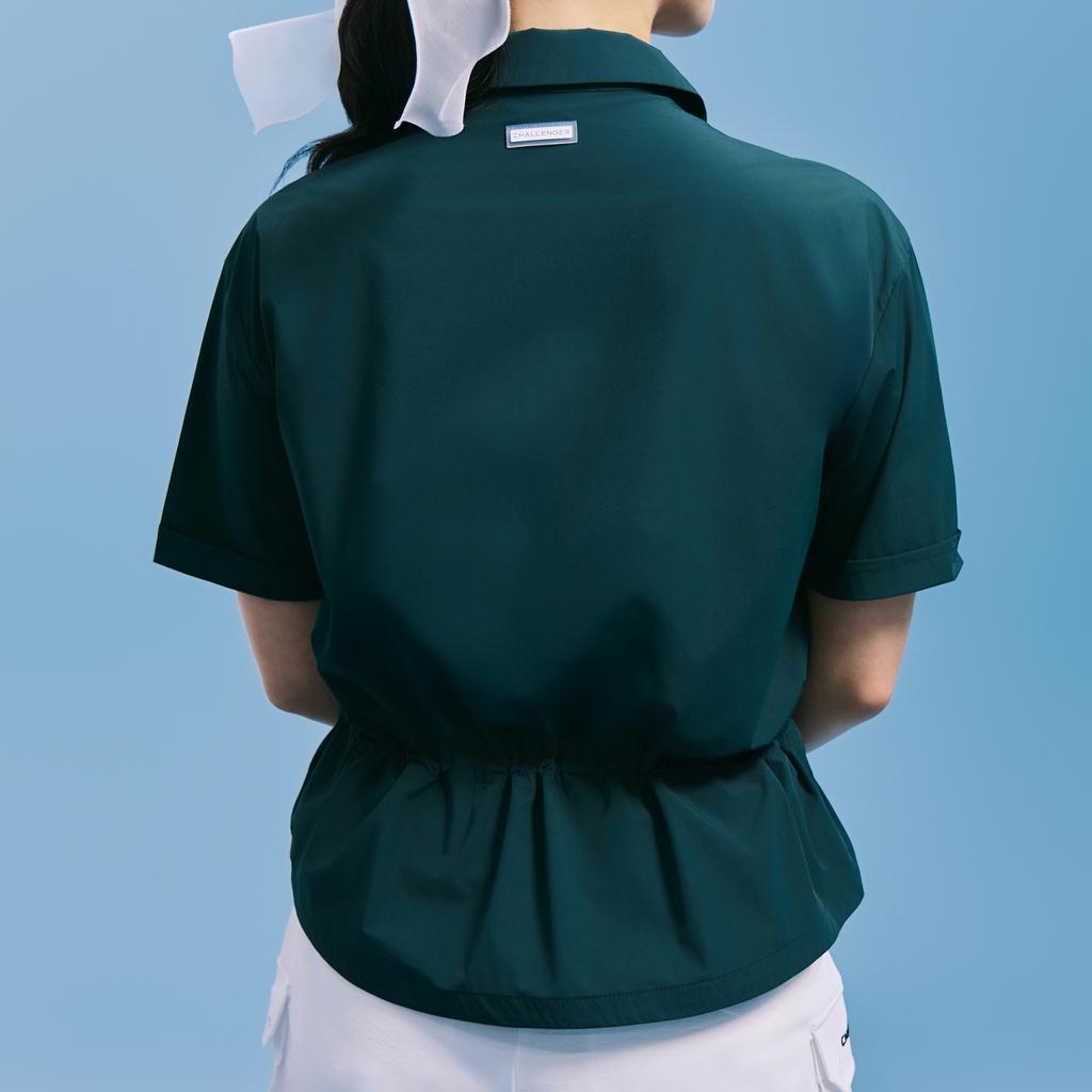 CHALLENGER Women'S Waist Drawstring Half-Zip Collared Short Sleeve Woven Top Dark Green