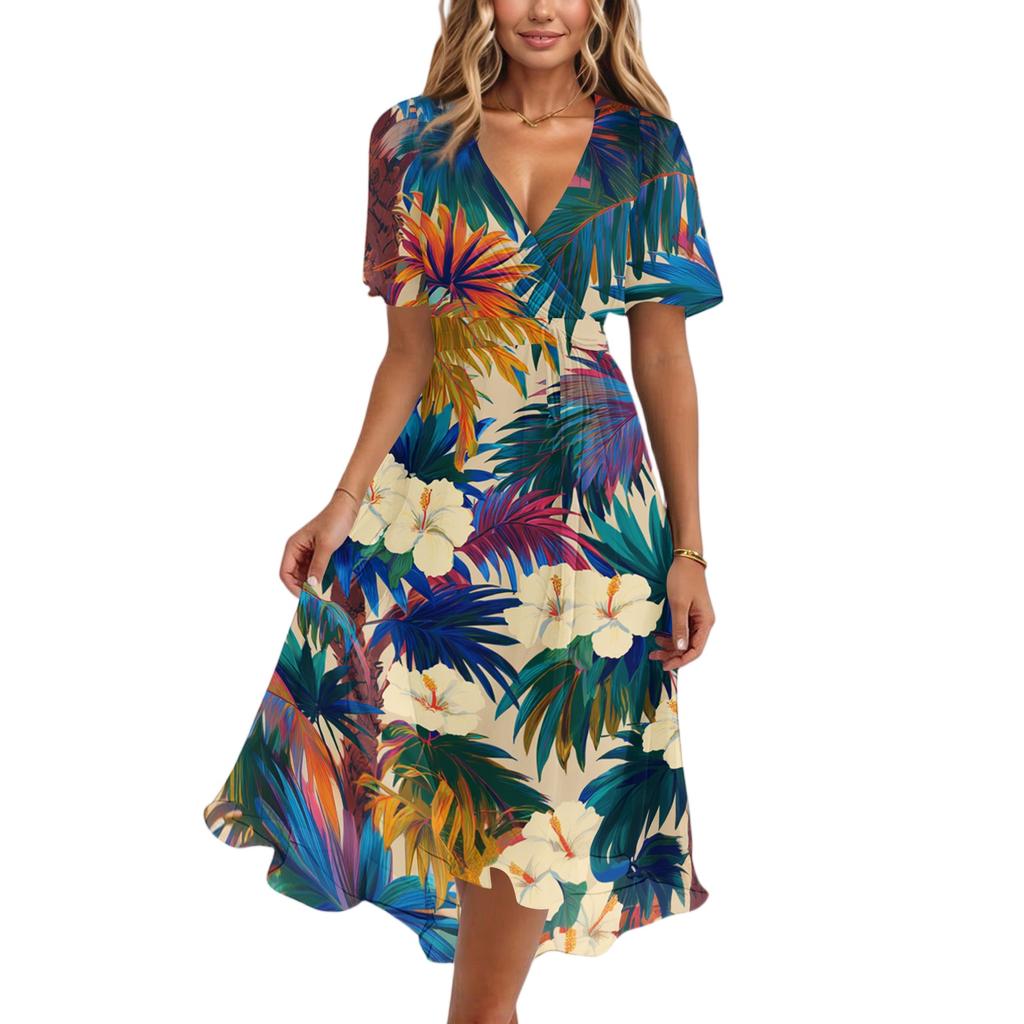 Women's Casual V Neck Short Sleeve Hawaiian Print Dress Summer Beachwear Midi Dress with Wrap Style and Relaxed Fit
