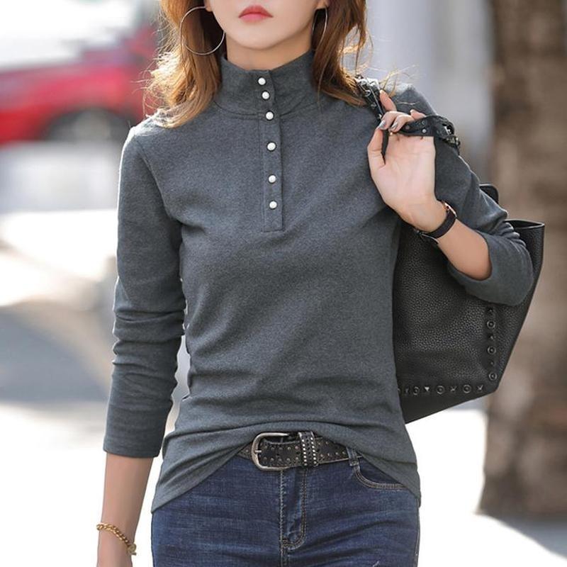 Cotton Turtleneck Tee Shirt Spring Femme Korean Long Sleeve T-shirt Button Women Casual Tops De Solid Camisetas Mujer