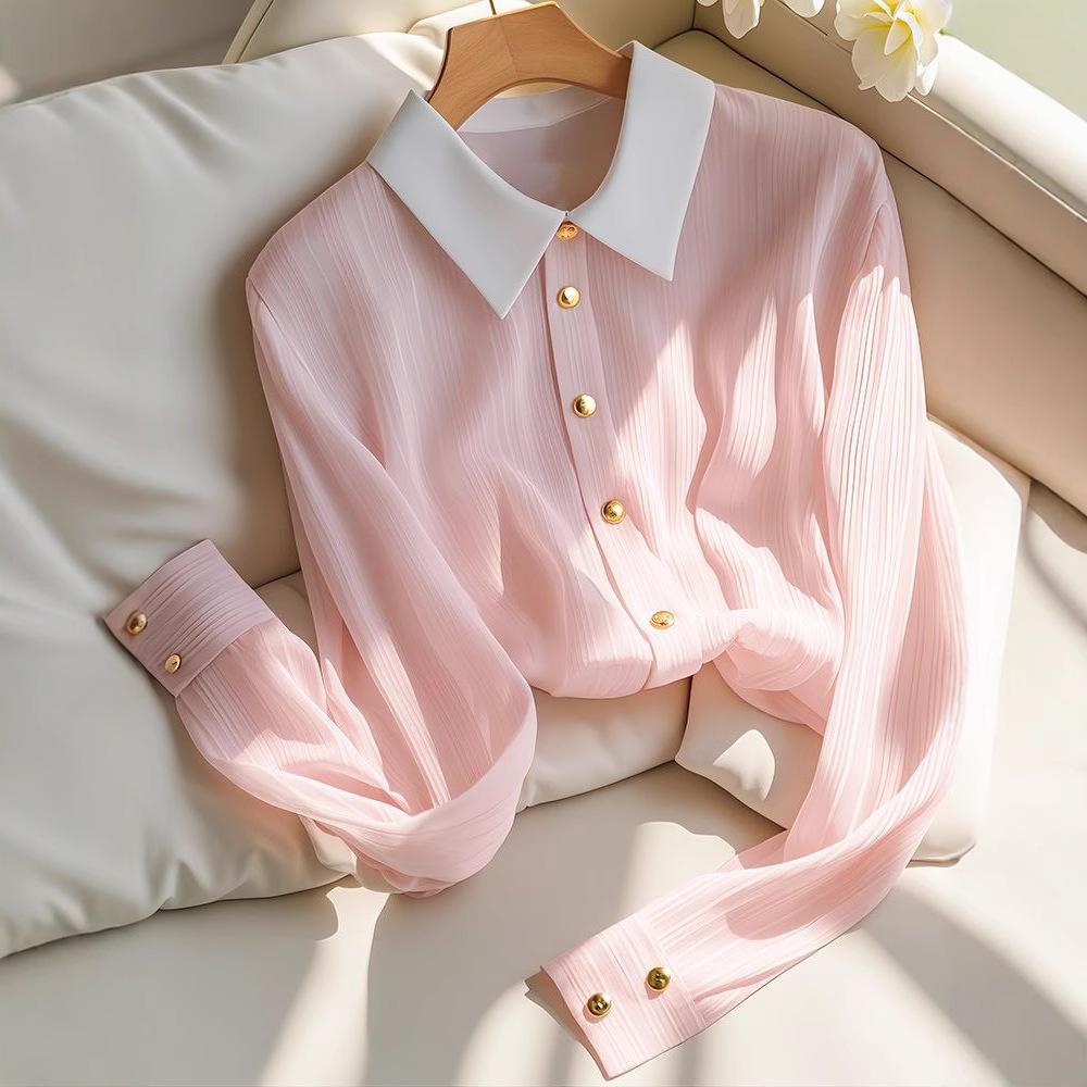 2025 Women's Versatile Slimming Long-Sleeve Pink Blouse - High-End, Breathable, and Fashionable