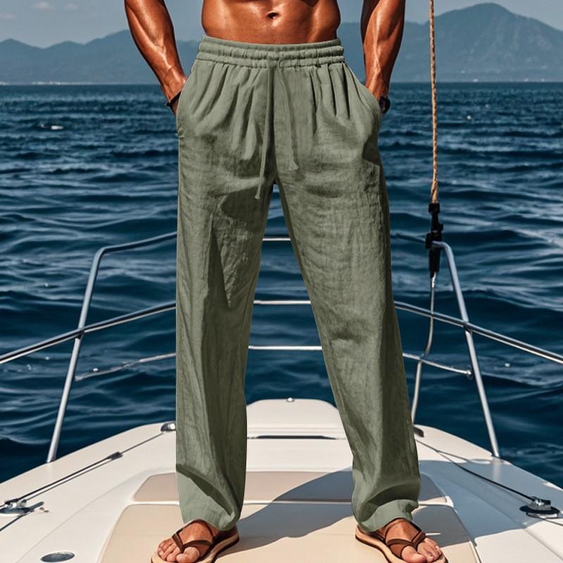 Mens Casual Linen Elastic Waist Drawstring Straight Long Pants