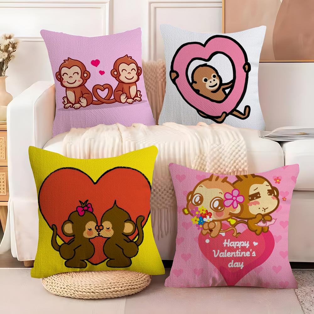 Happy Monkey Cushion Cover Natural Linen Organic Fabric DoubleSided Printing Sofa Home Decor Breathable Bed Pillow