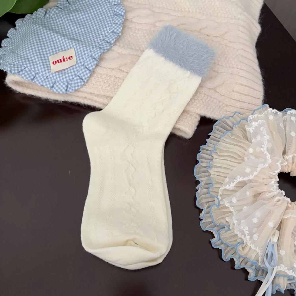 Ladies Autumn Winter Thick Warm Bow-dotted Wool Mid Tube Socks