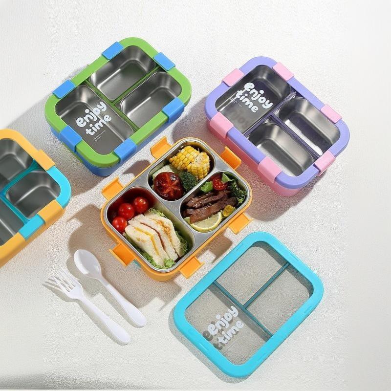 304 Stainless Steel Thermal Lunch Box Rectangular Shape Sealed Lid Insulated Lunch Box 3 Compartments Leakproof Food Container