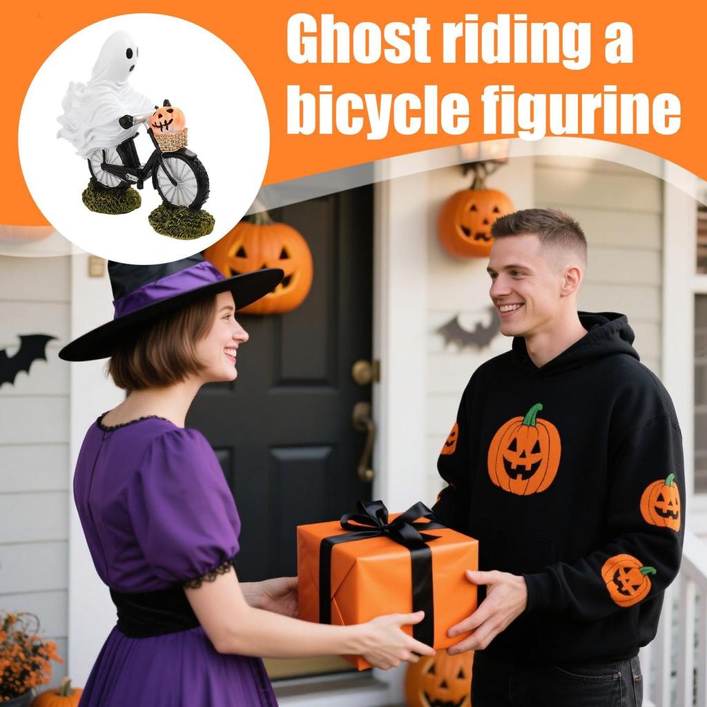Ghost Figurine Halloween ghost riding a bicycle ornaments ghost resin crafts Halloween Figurine Seasonal Desk Display Ornaments