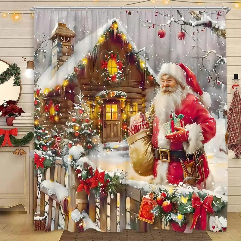 Christmas Shower Curtain Santa Claus Christmas Tree Cat Dog Winter Snowy Snowflake Home Polyester Fabric Bathroom Decor Curtai