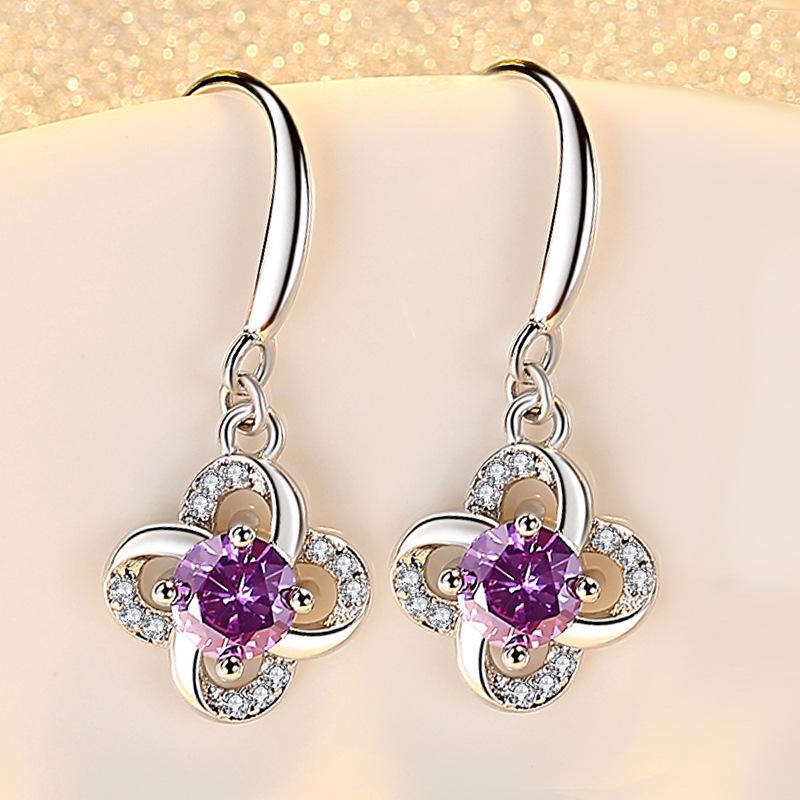 Korean Style Long Four-Leaf Clover Zirconia Earrings - Celebrity-Inspired Design