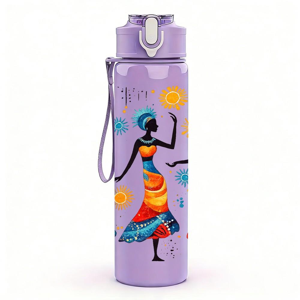 1PC Dancing African Ladies 750ml Color Plastic Sports Water Bottle Leakproof Flip Straw Lid Suitable for Sports Office Home Use