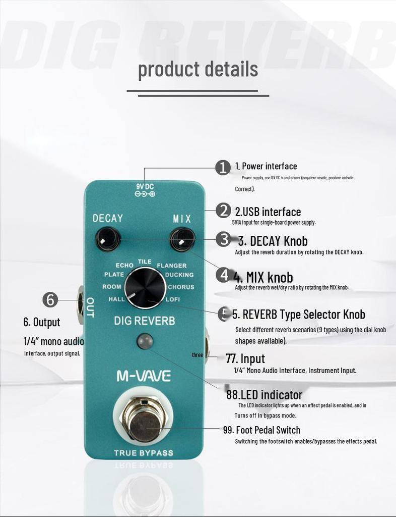 DIGREVERB Digital Reverb Effect Pedal for Electric Guitar