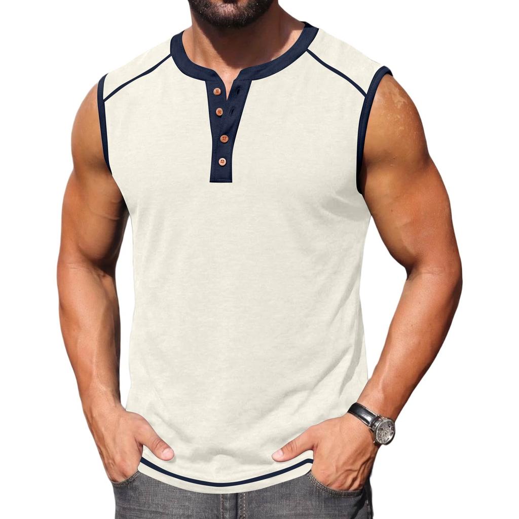 Men Sleeveless Henley Shirt Casual Athletic Tank Top Button Front Muscle Fit Summer Workout Shirt for Outdoor Sports