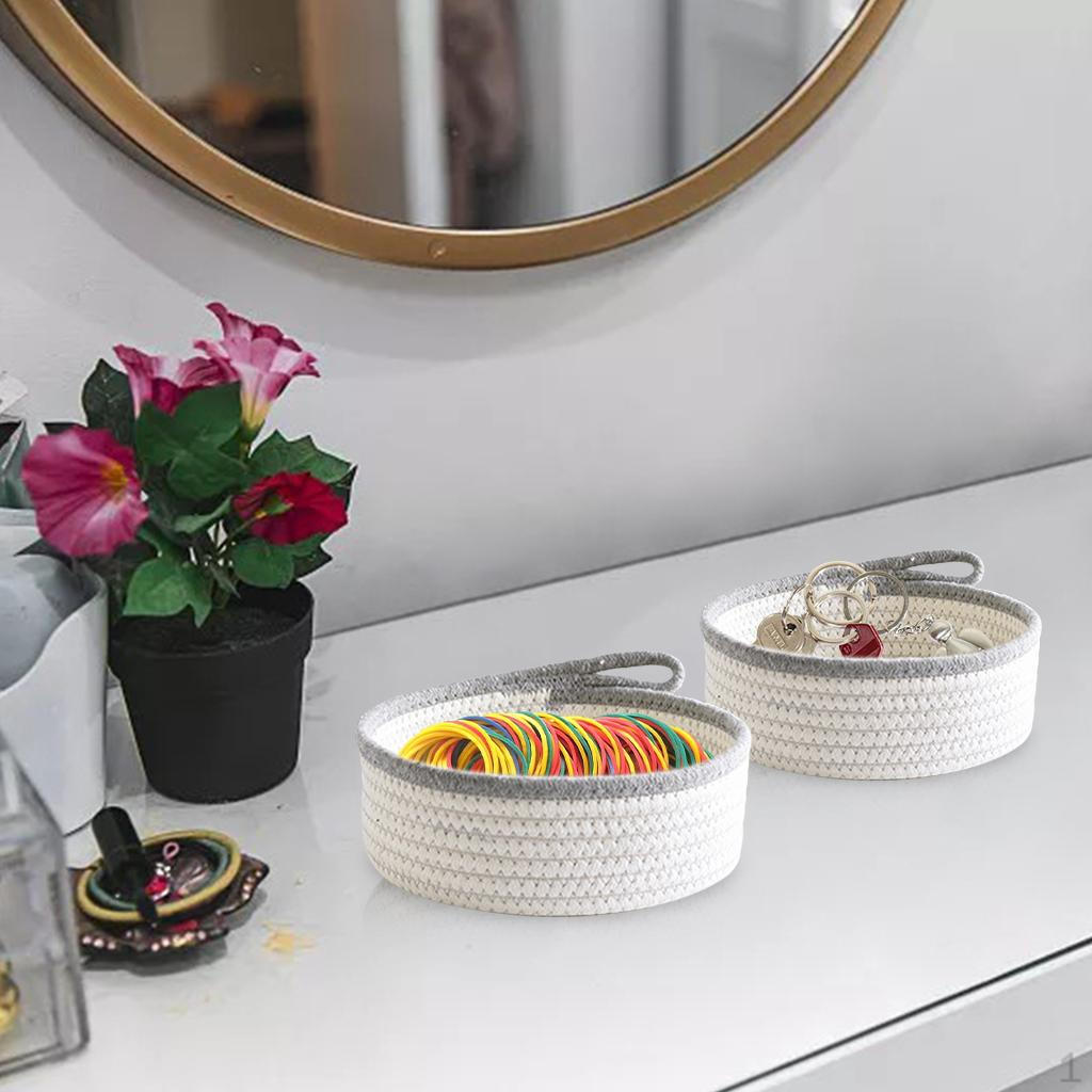 2 Pieces Round Small Woven Baskets Closet Cotton Gifts Organizing Little Tray Storage Bins Rope Gray