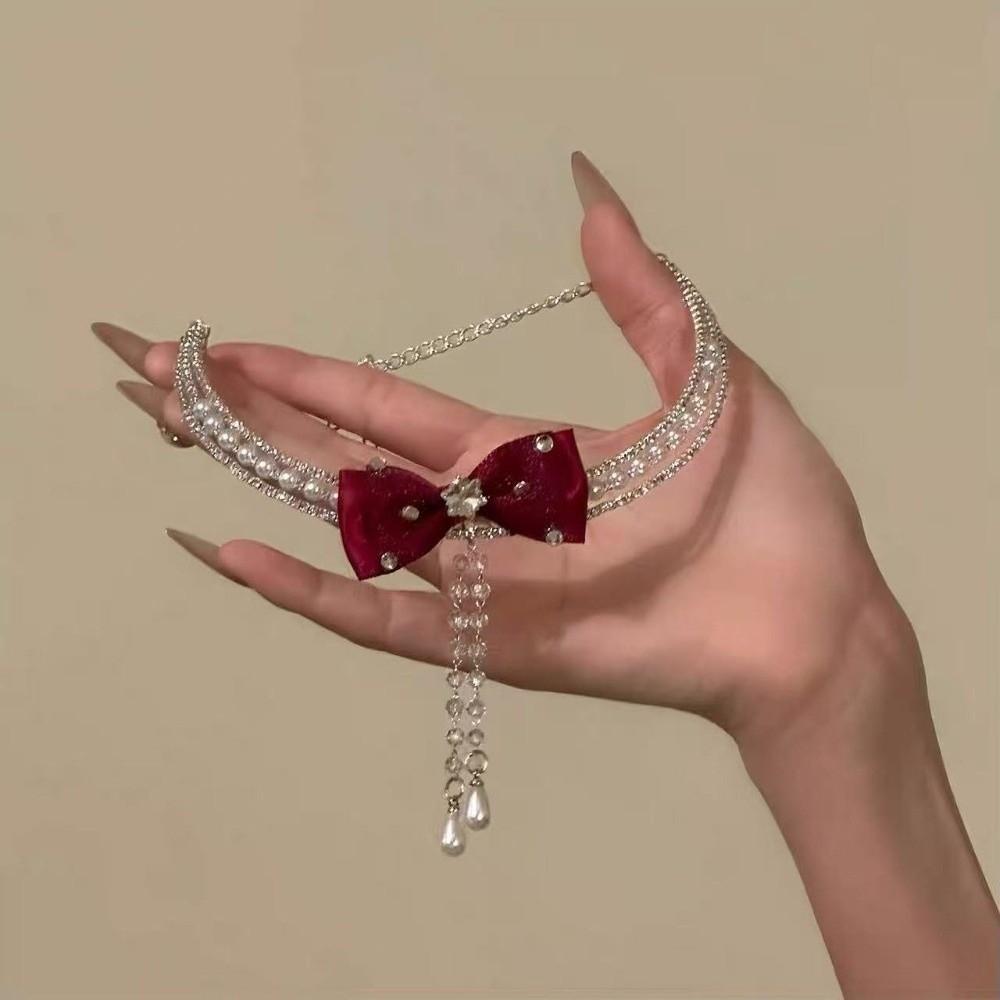 Collier avec Perles Nœud Argenté Pompon Bijou de Cou Brillant Perles Personnalisées Choker Strass pour Cadeau