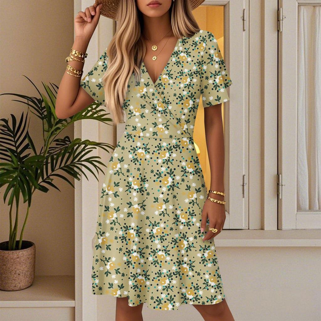 Women's Casual Fashion Dress Vintage Floral Floral Short Sleeve V-neck Dress