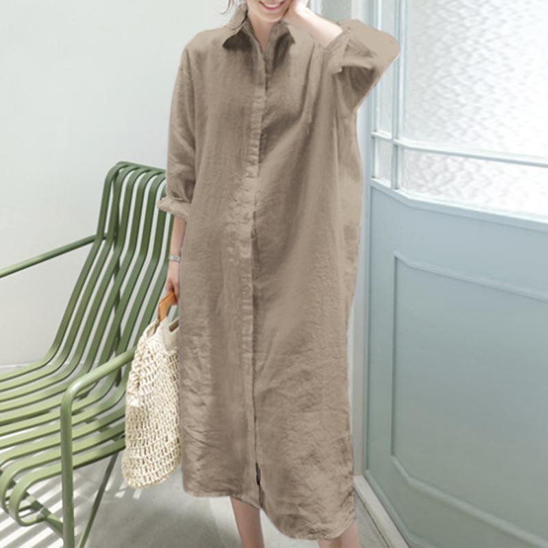 

ZANZEA Женское повседневное платье-рубашка с отложным воротником и длинными рукавами