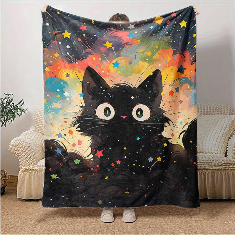 1pc Colorful Stars and Cats Cartoon Blanket  Seasonal Home Decor Gift, Living Room, Travel, Camping, Car Blankets