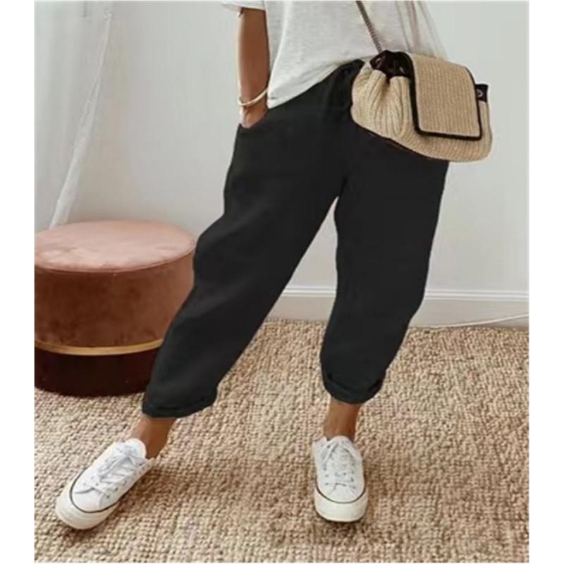 Ladies Summer Solid Color Elastic Waist Casual Nine-minute Pants