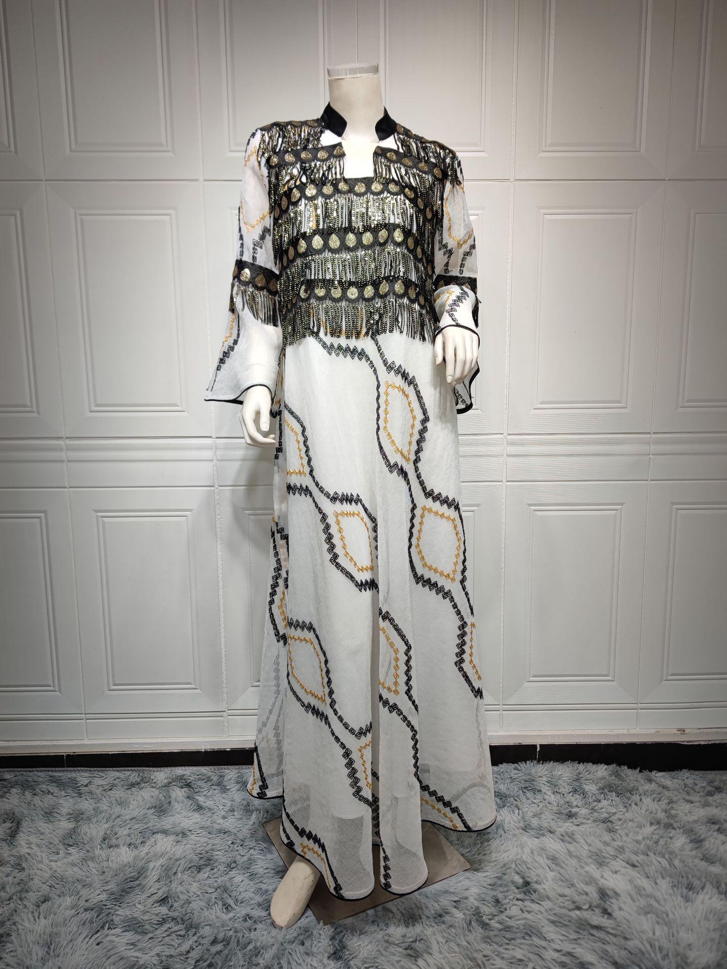 

AB287 Sequin Tassel Embroidered Evening Gown - Middle East Floral Fashion S білий
